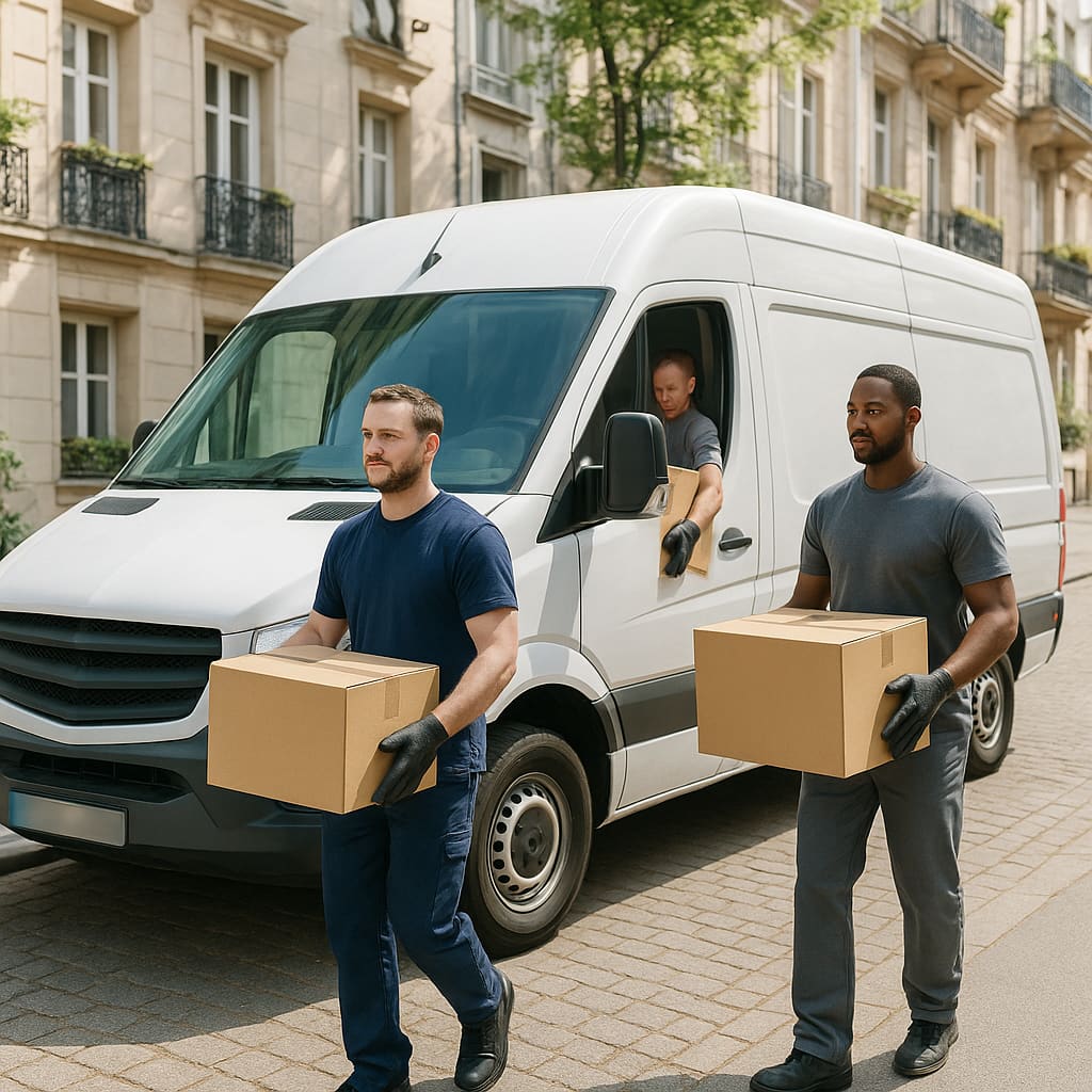 Professional movers and van on a residential Dublin street