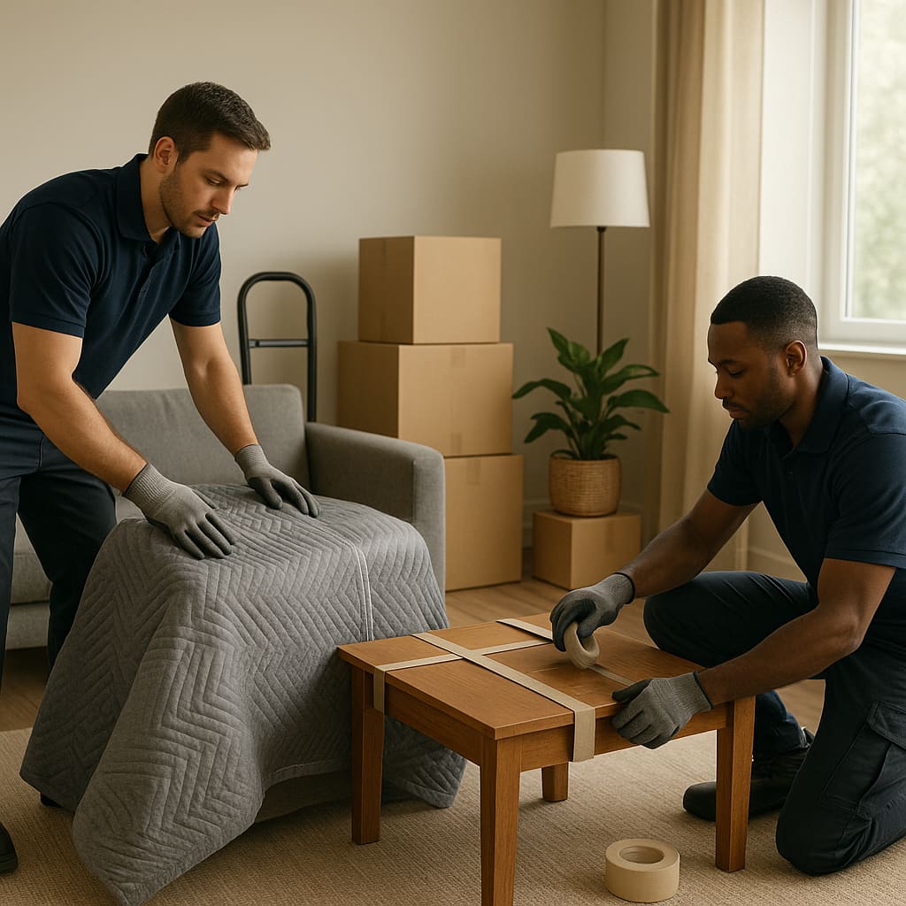 Movers wrapping furniture with protective blankets