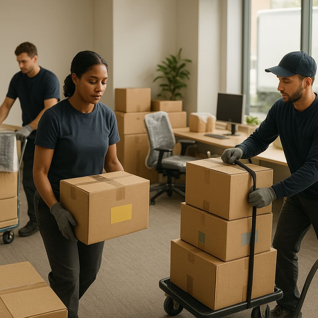 Office relocation with safely packed desks and equipment