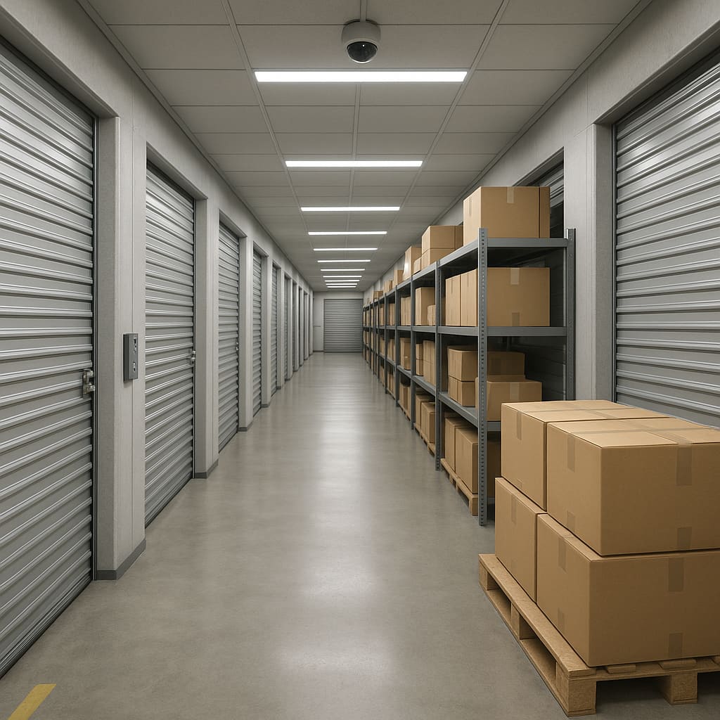 Secure storage facility interior with sealed boxes